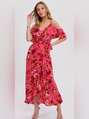 Floral Cold-Shoulder Coral Wrap Maxi Dress